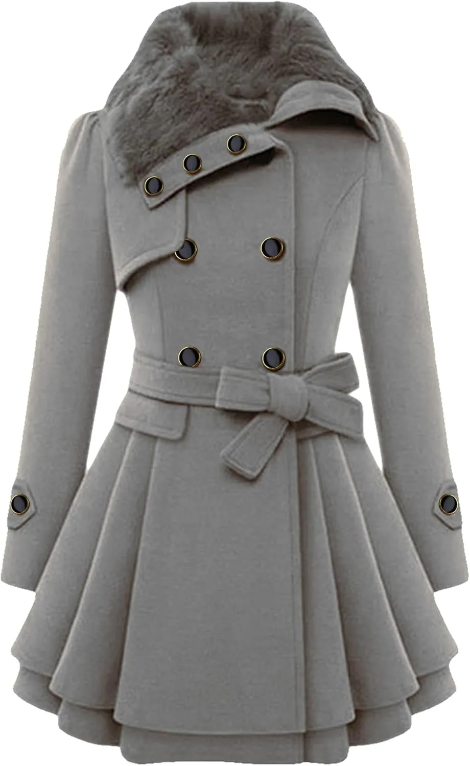 GORIFE Women Faux Fur Collar Coat Double Breasted Wool Blend Trench Coat Midi Swing Coat with Belt