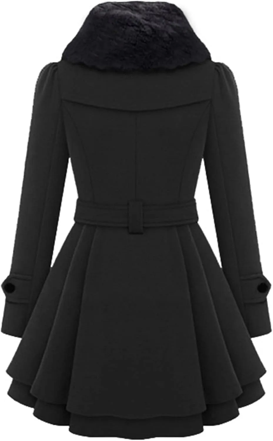 GORIFE Women Faux Fur Collar Coat Double Breasted Wool Blend Trench Coat Midi Swing Coat with Belt