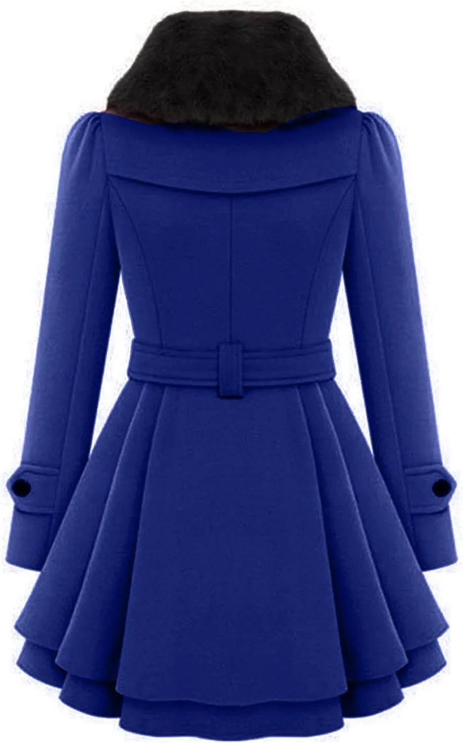 GORIFE Women Faux Fur Collar Coat Double Breasted Wool Blend Trench Coat Midi Swing Coat with Belt