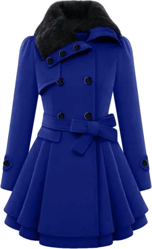 GORIFE Women Faux Fur Collar Coat Double Breasted Wool Blend Trench Coat Midi Swing Coat with Belt