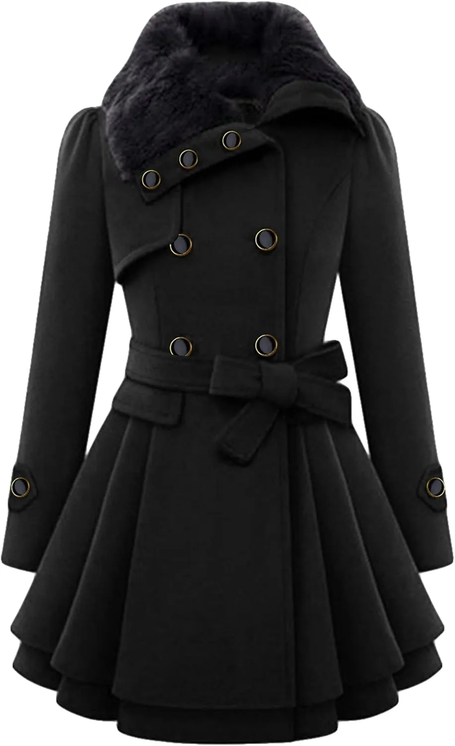 GORIFE Women Faux Fur Collar Coat Double Breasted Wool Blend Trench Coat Midi Swing Coat with Belt