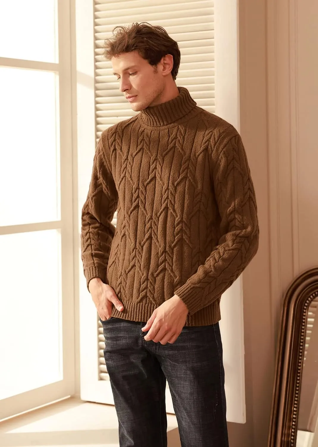 GRACE KARIN Men's Turtneck Pullover Sweaters Long Sleeve Solid Color Twisted Knit Sweater