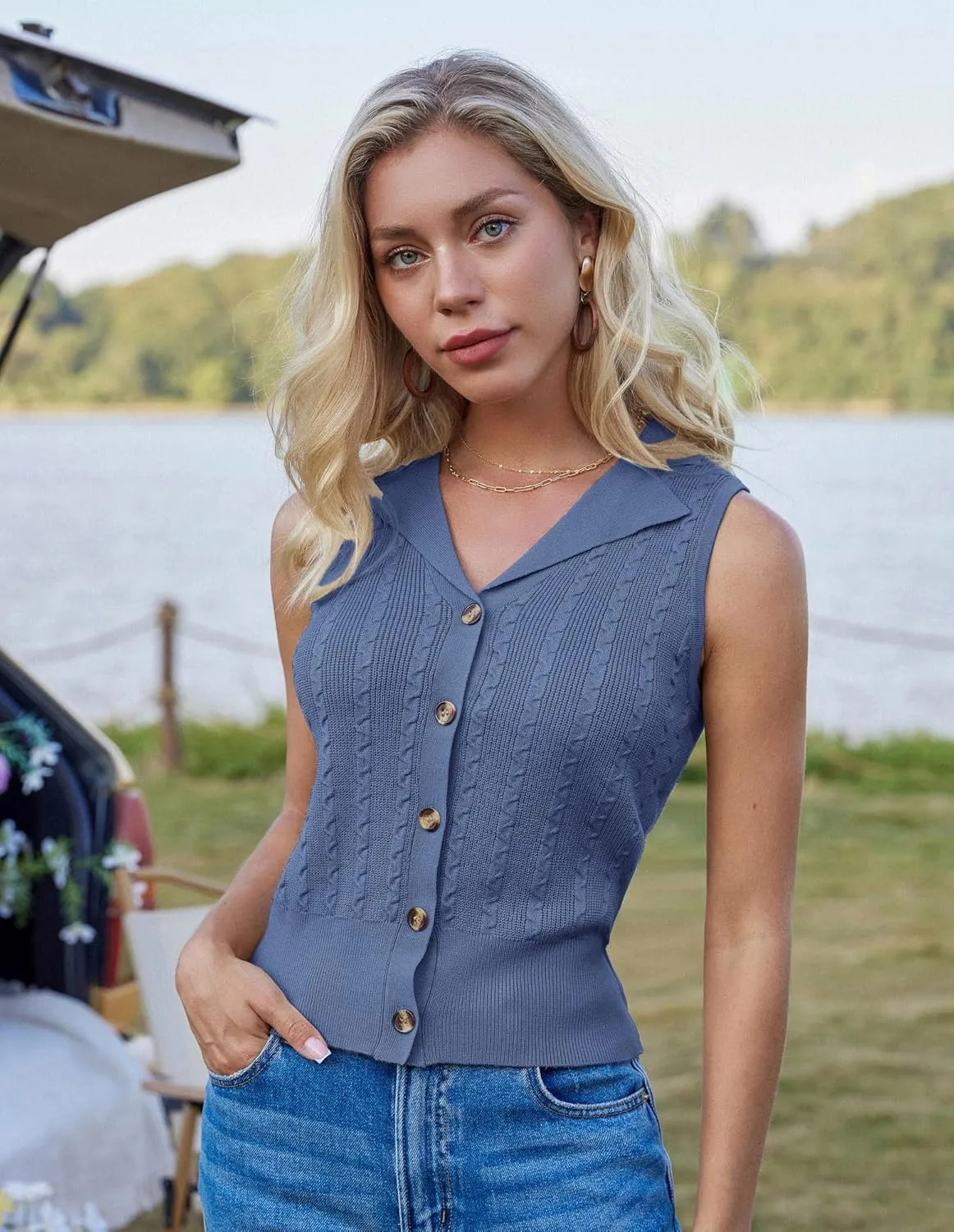 GRACE KARIN Sweater Vest Women Summer Sleeveless Knit Cardigans V Neck Collared Lightweight Button Down Sweaters Tops