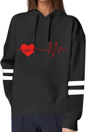 Graphic Hoodies for Women Cute Long Sleeve Valentines Heart Print Sweatshirts Comfy Hooded Pullover with Pockets