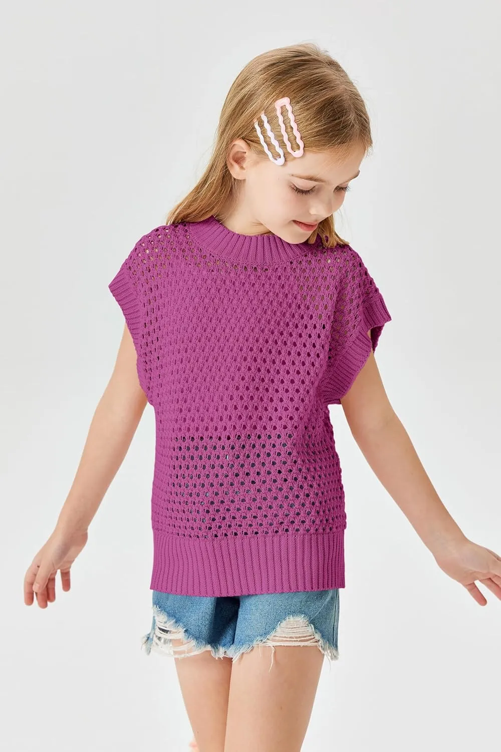 Haloumoning Girls Short Sleeve T Shirt Crewneck Knit Crop Top Hollow Out Pullovers Sweater 5-14 Years