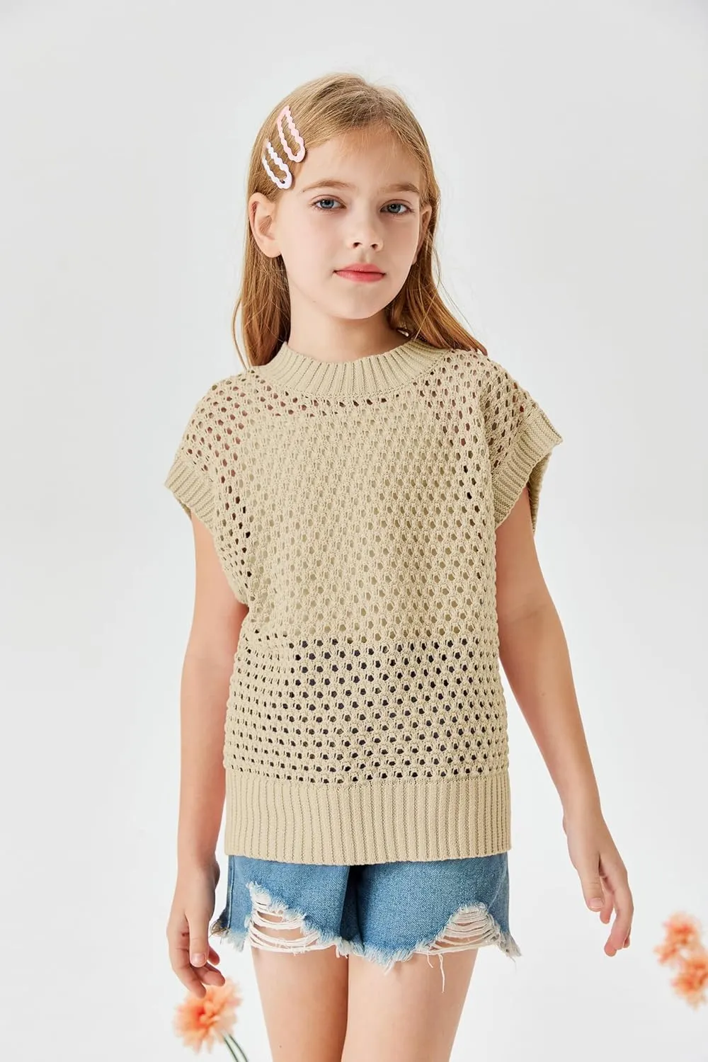 Haloumoning Girls Short Sleeve T Shirt Crewneck Knit Crop Top Hollow Out Pullovers Sweater 5-14 Years