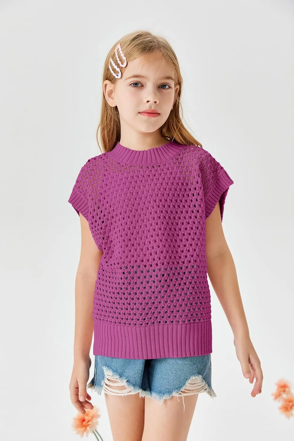 Haloumoning Girls Short Sleeve T Shirt Crewneck Knit Crop Top Hollow Out Pullovers Sweater 5-14 Years