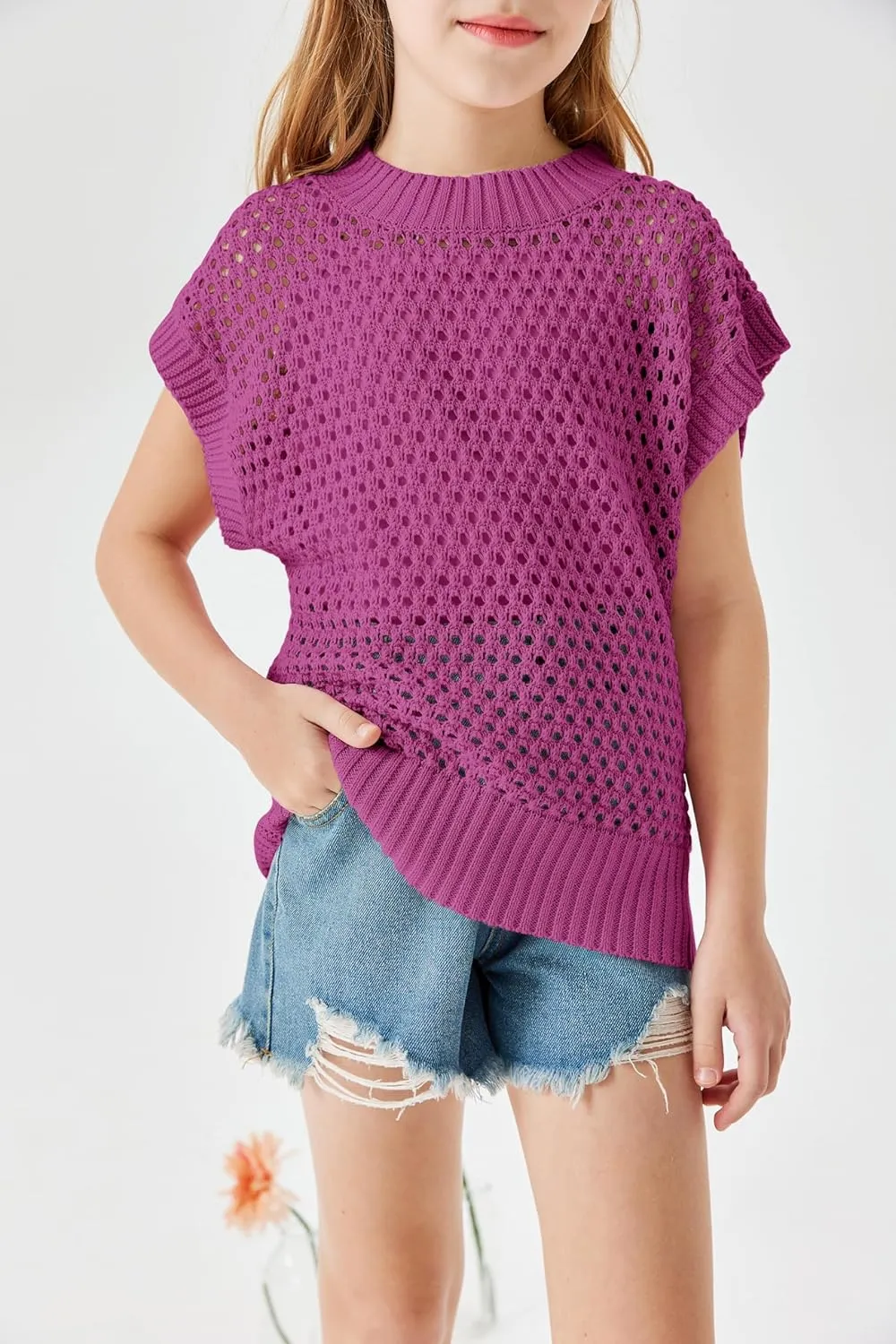 Haloumoning Girls Short Sleeve T Shirt Crewneck Knit Crop Top Hollow Out Pullovers Sweater 5-14 Years