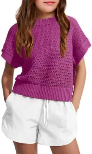 Haloumoning Girls Short Sleeve T Shirt Crewneck Knit Crop Top Hollow Out Pullovers Sweater 5-14 Years