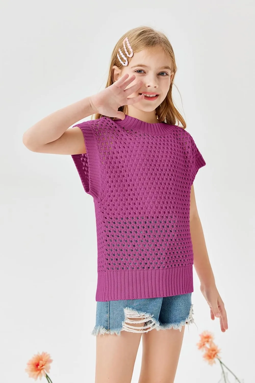 Haloumoning Girls Short Sleeve T Shirt Crewneck Knit Crop Top Hollow Out Pullovers Sweater 5-14 Years