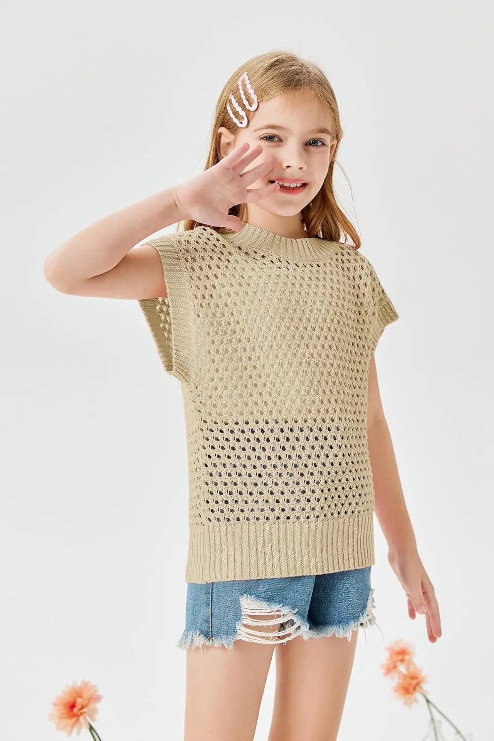 Haloumoning Girls Short Sleeve T Shirt Crewneck Knit Crop Top Hollow Out Pullovers Sweater 5-14 Years