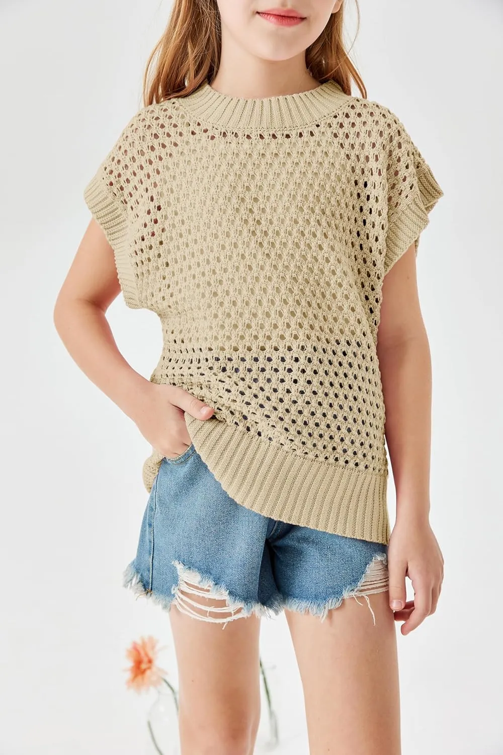 Haloumoning Girls Short Sleeve T Shirt Crewneck Knit Crop Top Hollow Out Pullovers Sweater 5-14 Years