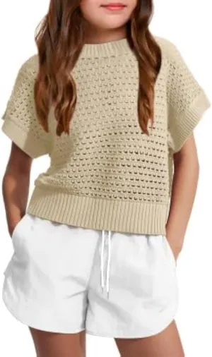 Haloumoning Girls Short Sleeve T Shirt Crewneck Knit Crop Top Hollow Out Pullovers Sweater 5-14 Years