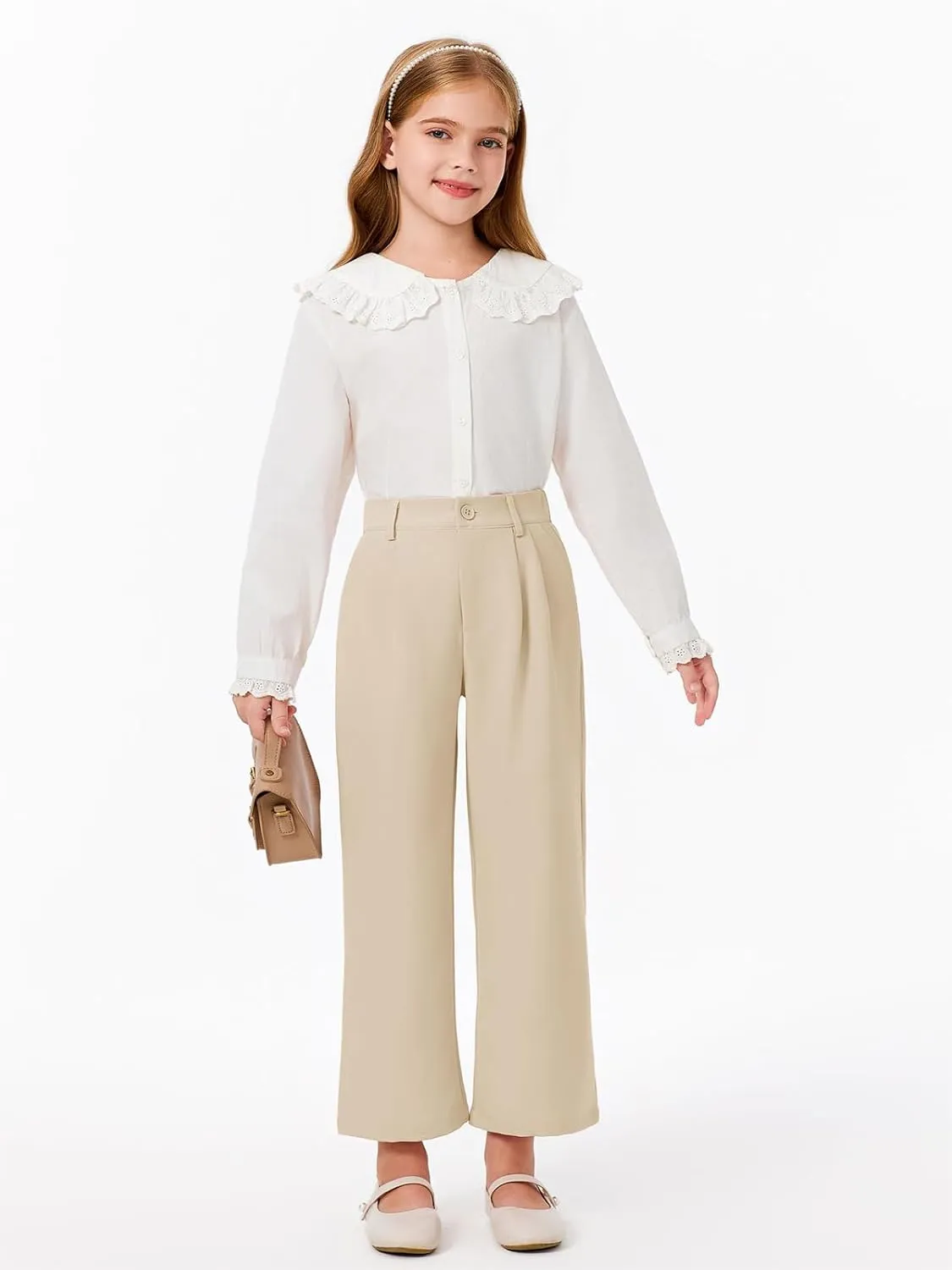 Haloumoning Girls Uniform Pants Kids High Waisted Wide Leg Dress Pants Casual Trousers with Pockets 5-14 Years