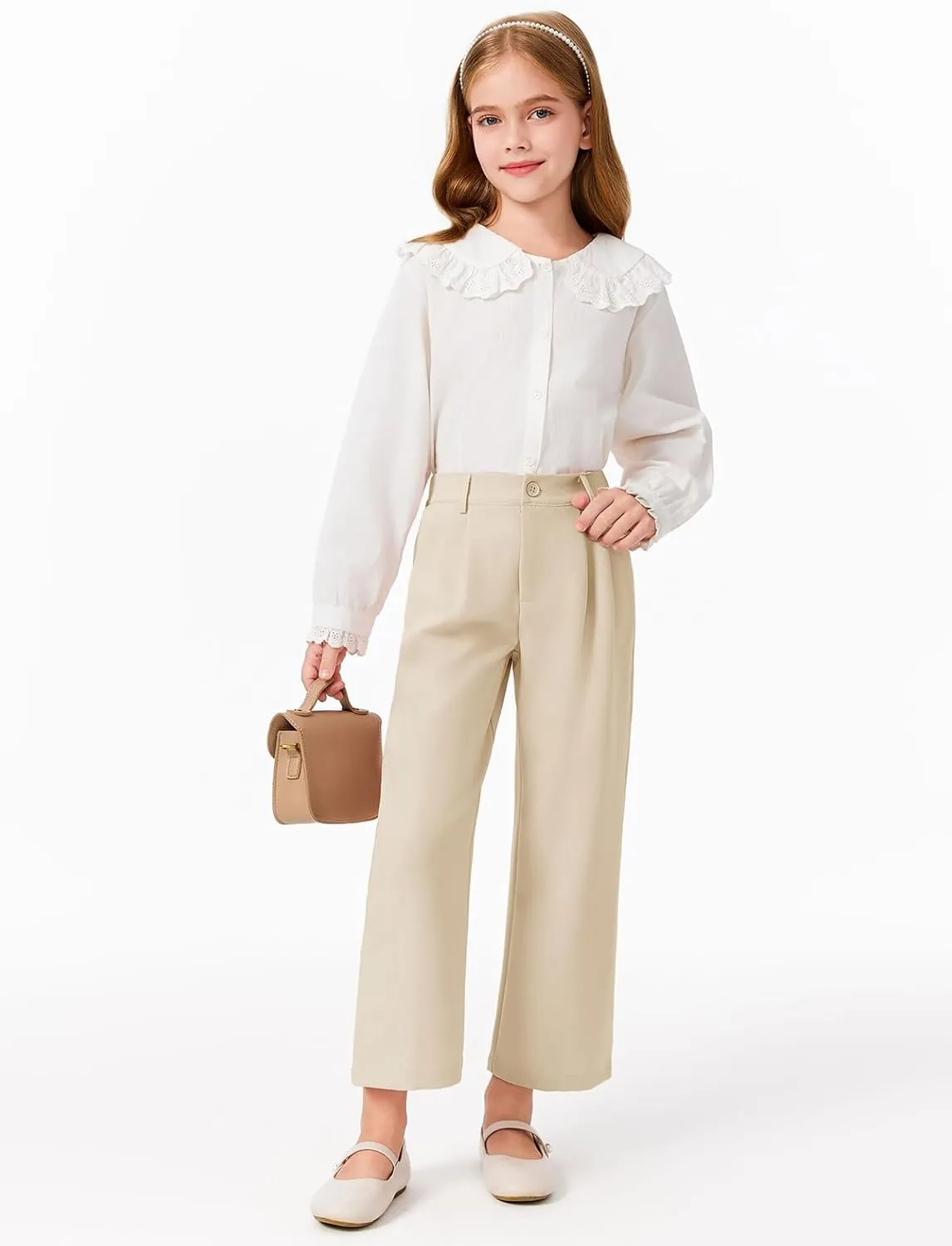 Haloumoning Girls Uniform Pants Kids High Waisted Wide Leg Dress Pants Casual Trousers with Pockets 5-14 Years