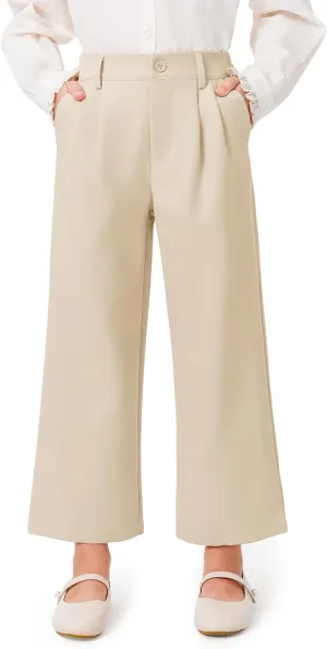 Haloumoning Girls Uniform Pants Kids High Waisted Wide Leg Dress Pants Casual Trousers with Pockets 5-14 Years