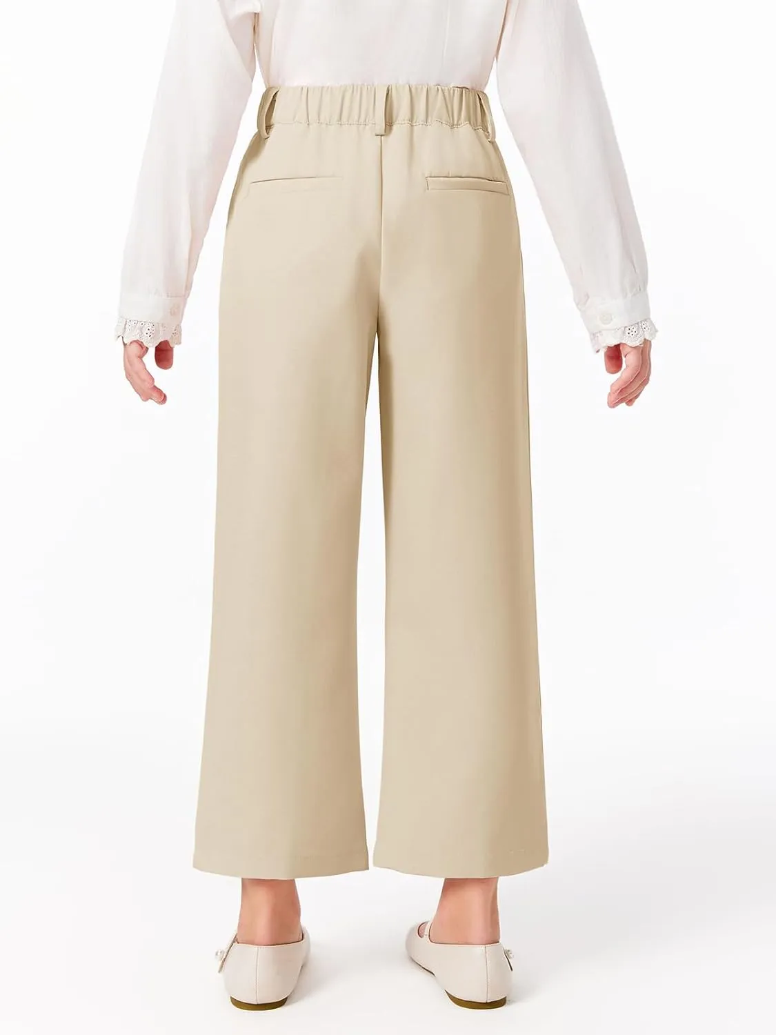 Haloumoning Girls Uniform Pants Kids High Waisted Wide Leg Dress Pants Casual Trousers with Pockets 5-14 Years