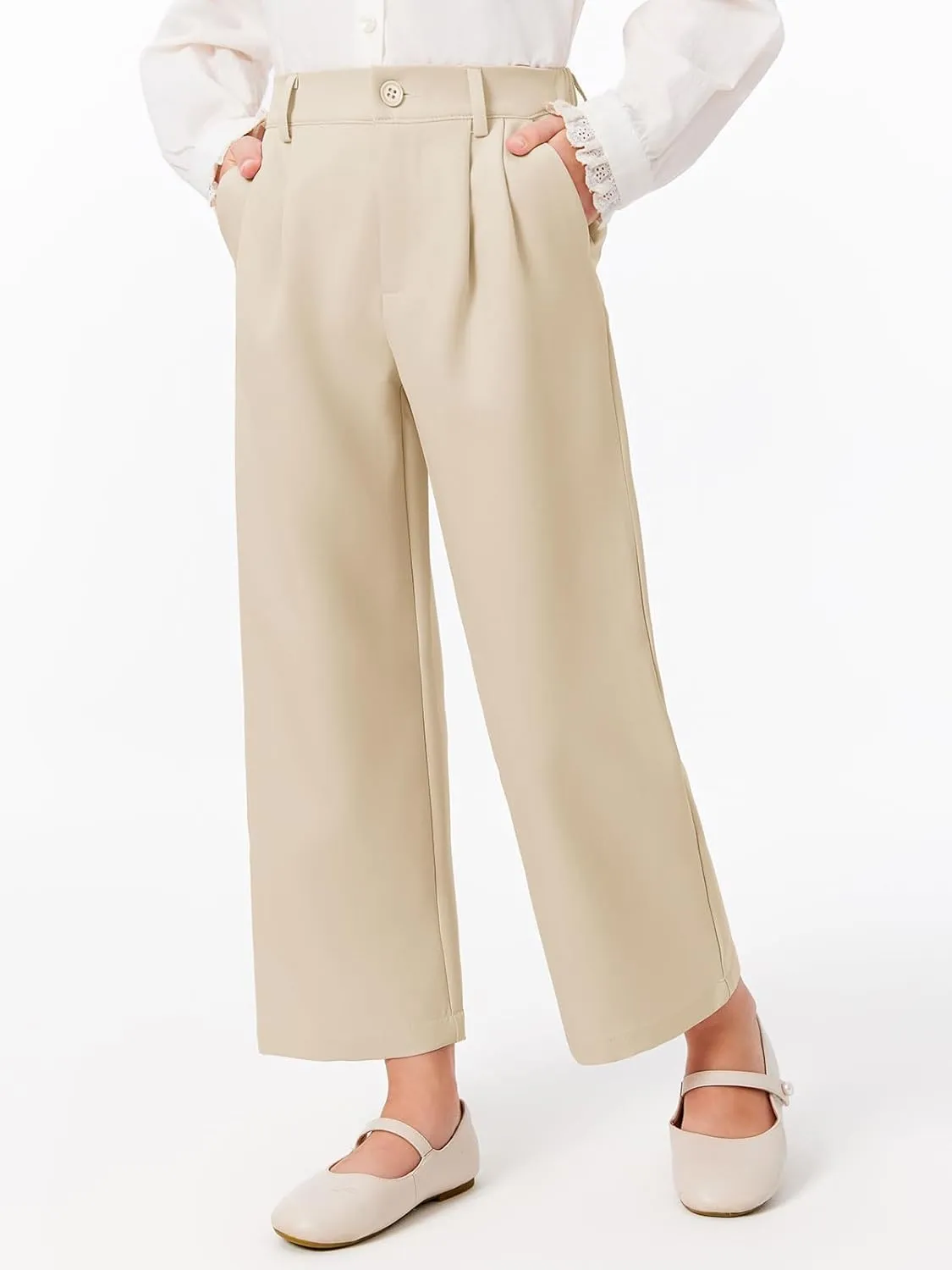 Haloumoning Girls Uniform Pants Kids High Waisted Wide Leg Dress Pants Casual Trousers with Pockets 5-14 Years