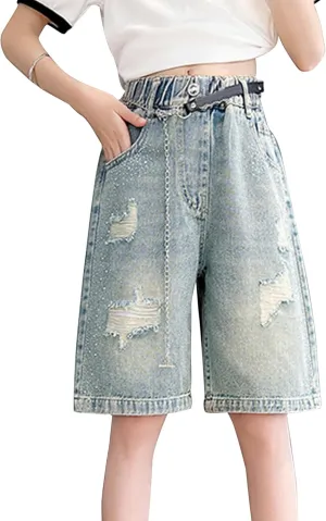 Happy Cherry Girls Denim Shorts A-Line Skirts Shorts Elastic High Waist Jean Skirt Shorts with Pockets 5-14 Years