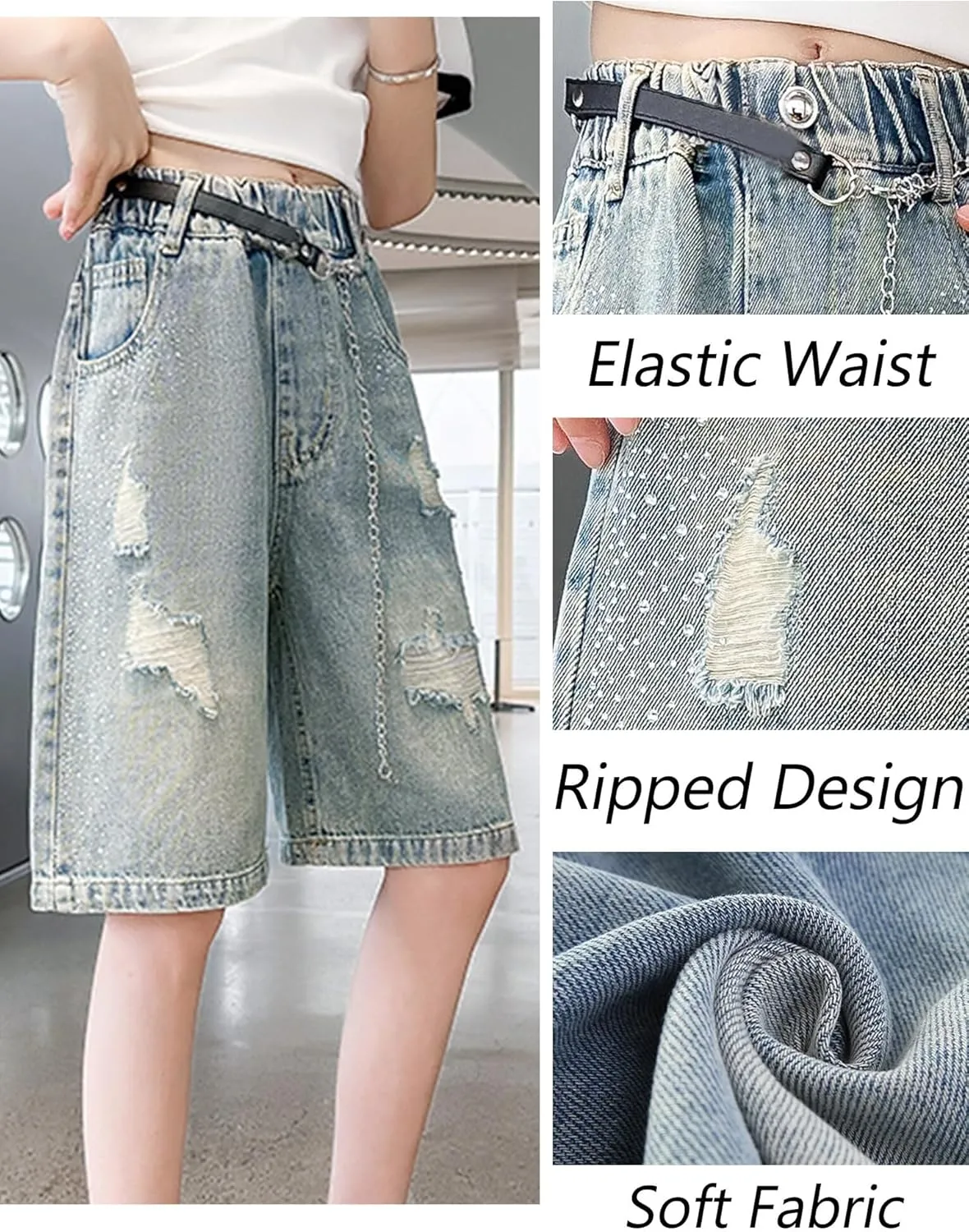 Happy Cherry Girls Denim Shorts A-Line Skirts Shorts Elastic High Waist Jean Skirt Shorts with Pockets 5-14 Years