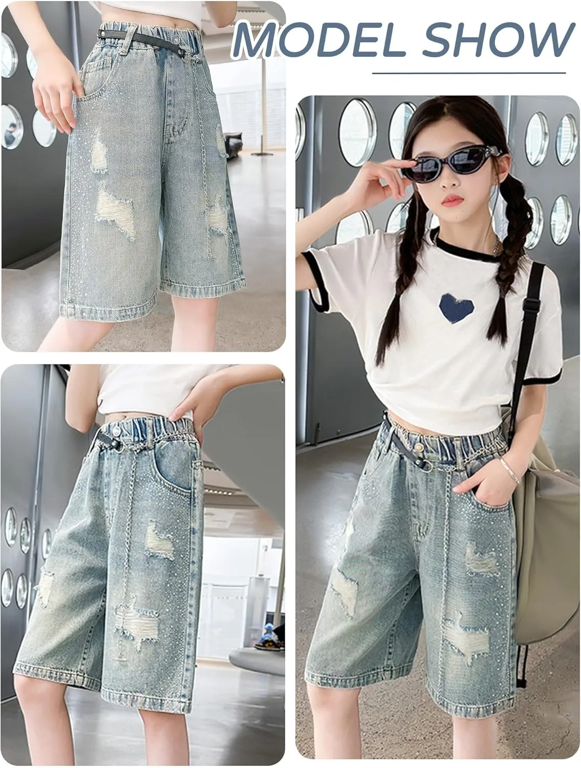 Happy Cherry Girls Denim Shorts A-Line Skirts Shorts Elastic High Waist Jean Skirt Shorts with Pockets 5-14 Years