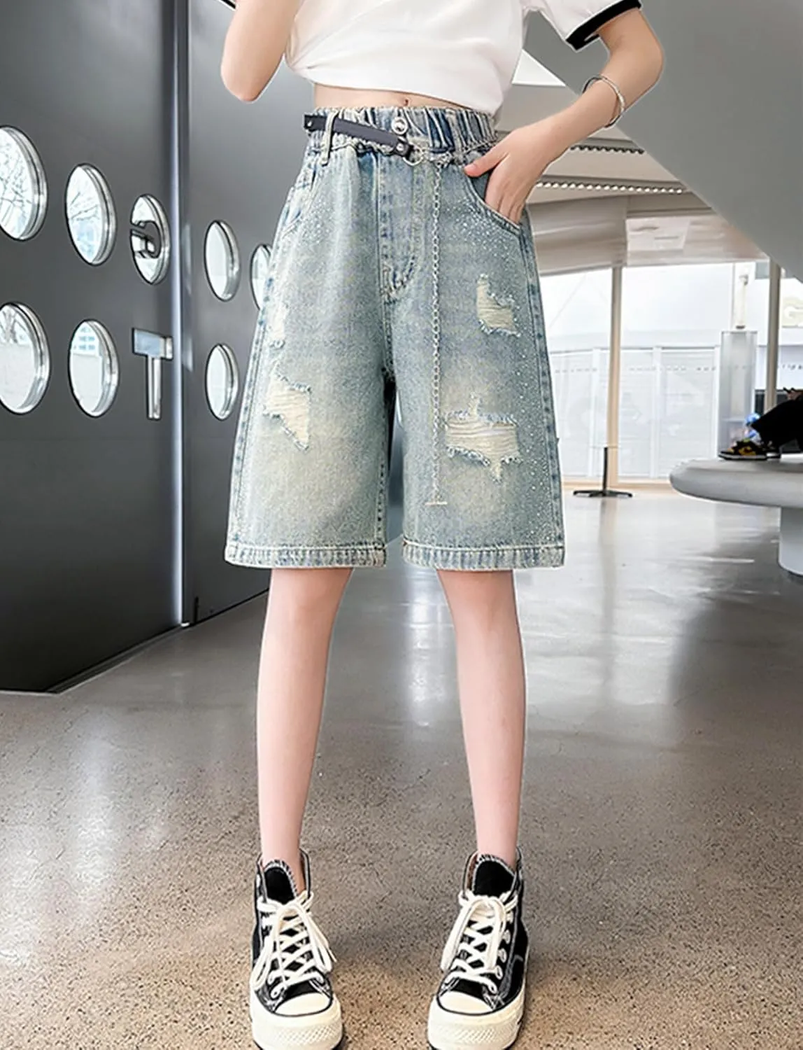 Happy Cherry Girls Denim Shorts A-Line Skirts Shorts Elastic High Waist Jean Skirt Shorts with Pockets 5-14 Years