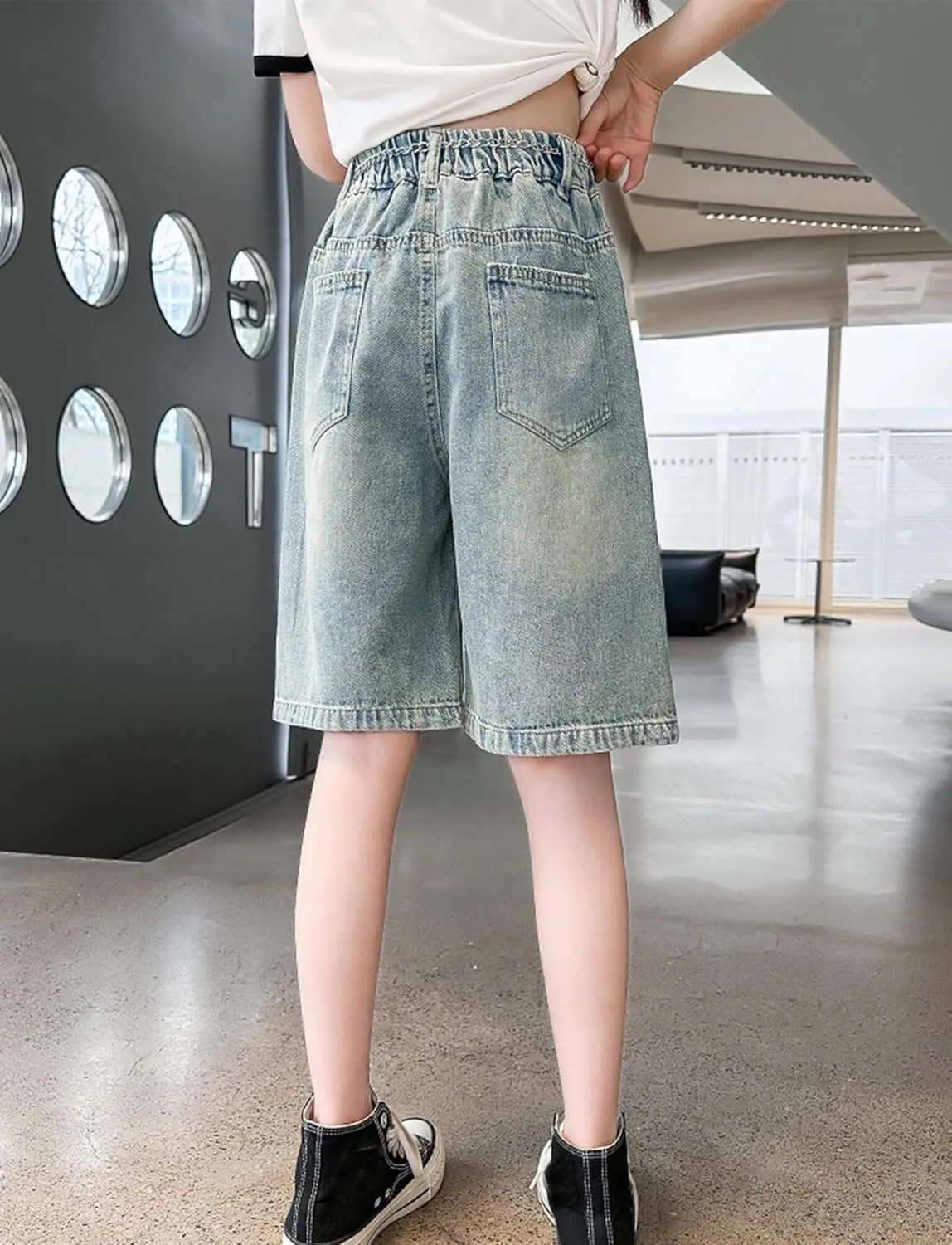 Happy Cherry Girls Denim Shorts A-Line Skirts Shorts Elastic High Waist Jean Skirt Shorts with Pockets 5-14 Years