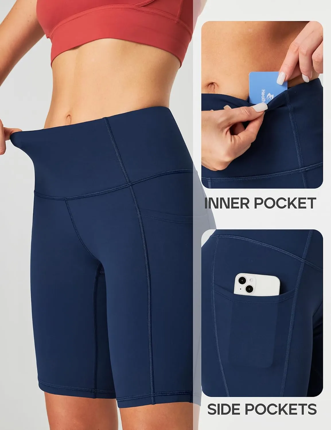 Heathyoga 8" Biker Shorts Women with 3 Pockets Tummy Control Workout Shorts Women Atheltic Spandex Shorts for Yoga Gym