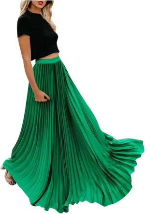 HGps8w Women's Flowy Pleated Maxi Skirt 2025 Summer Vintage Elegant High Waisted Plain Long Skirts
