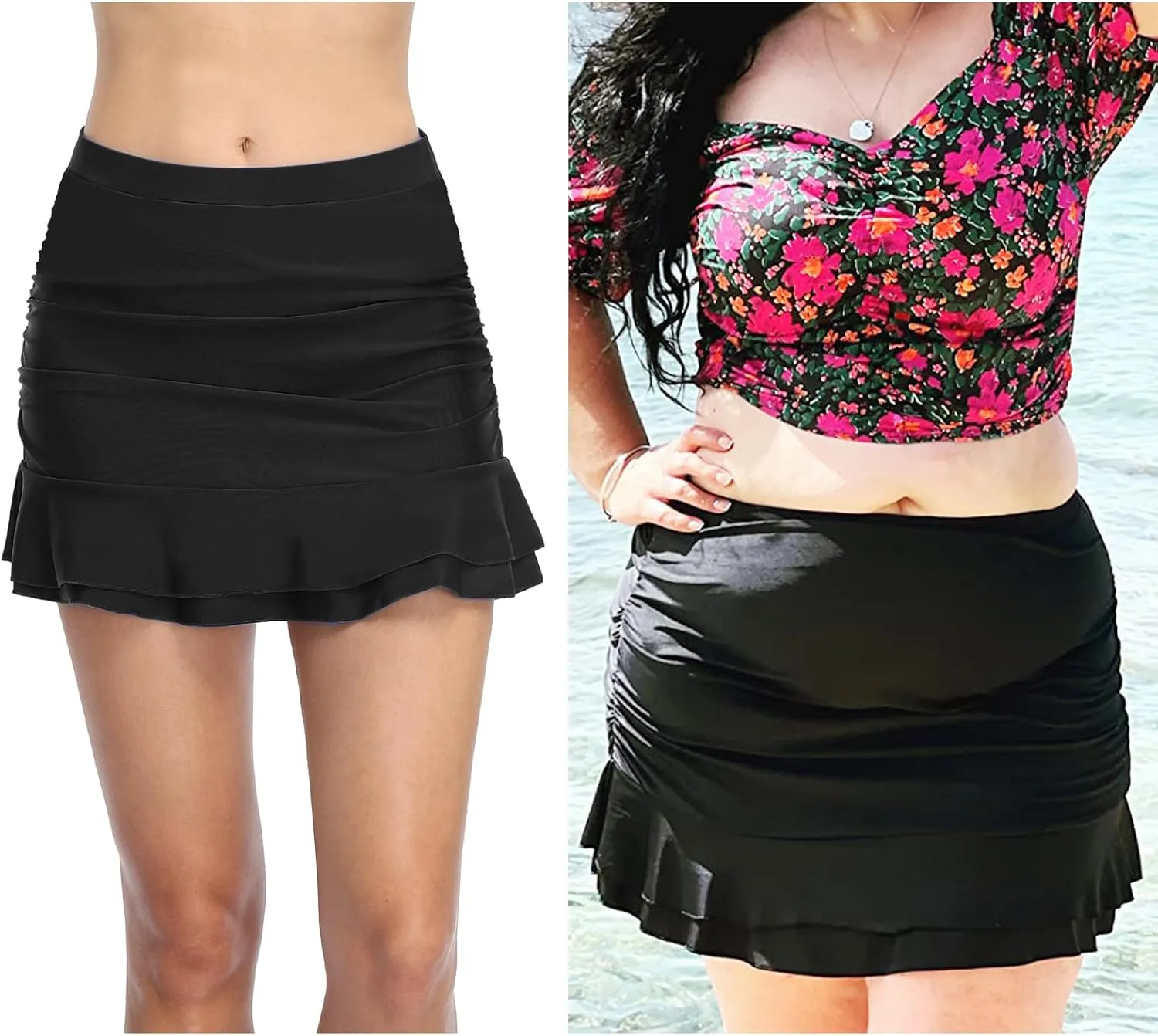Hilor Women's Shirred Ruffle Swim Skirt Tummy Control Skirted Bikini Bottoms High Waisted Swim Bottom