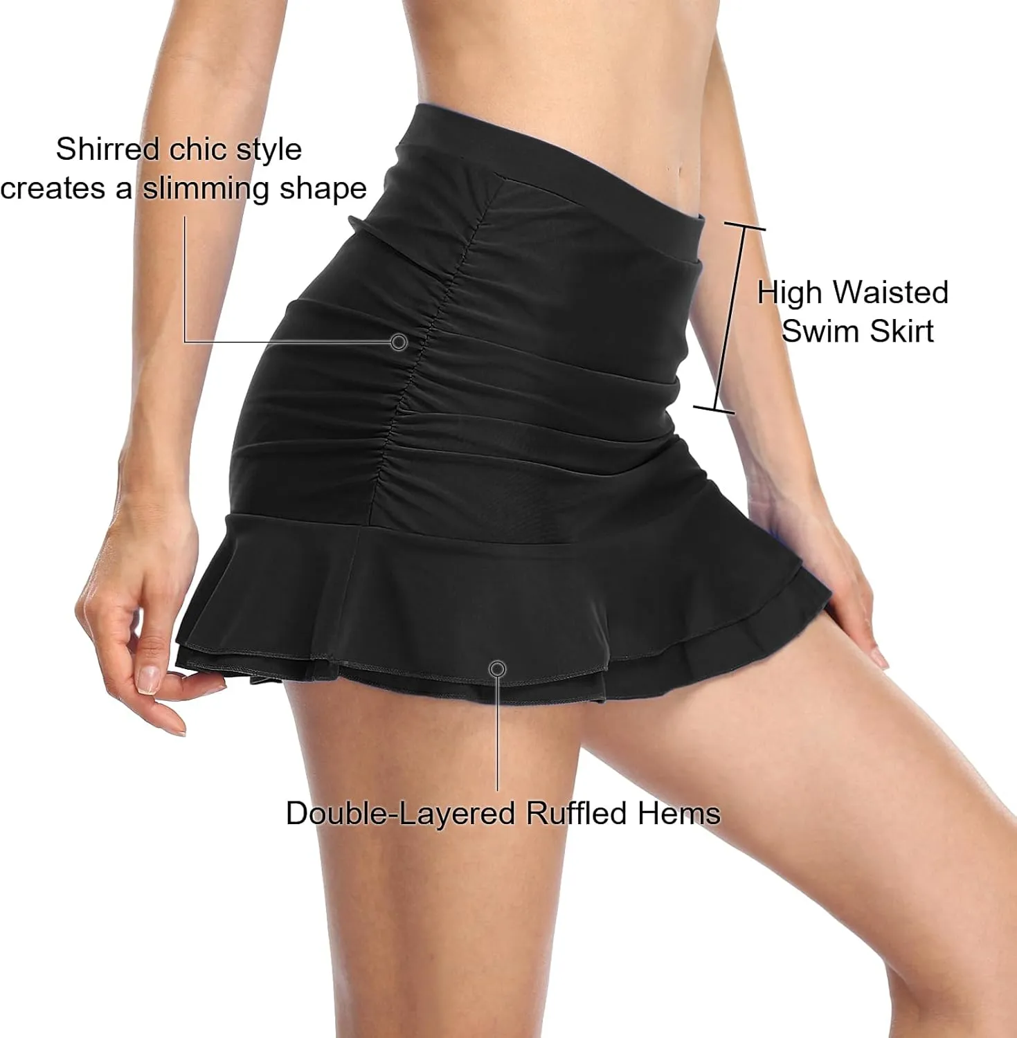 Hilor Women's Shirred Ruffle Swim Skirt Tummy Control Skirted Bikini Bottoms High Waisted Swim Bottom