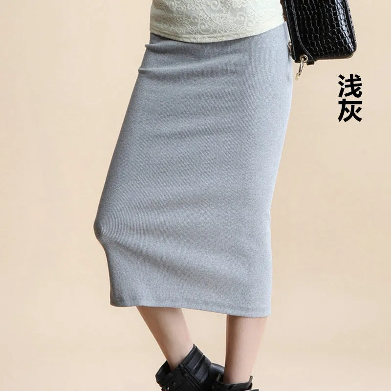 Hip Flattering Korean Slim Look Knitted Women Splitted Mid-Length Skirt
