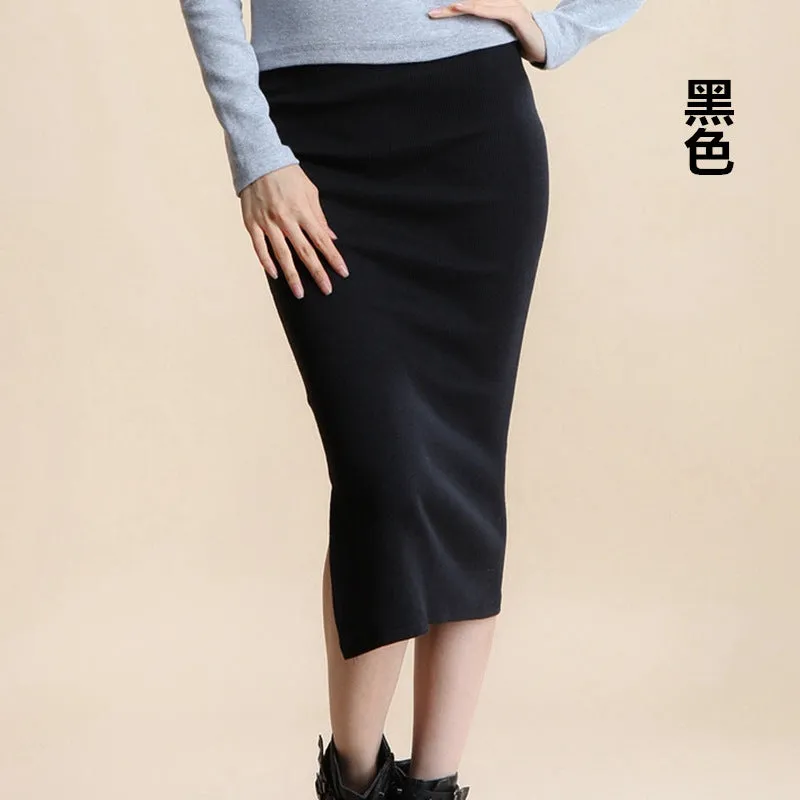 Hip Flattering Korean Slim Look Knitted Women Splitted Mid-Length Skirt