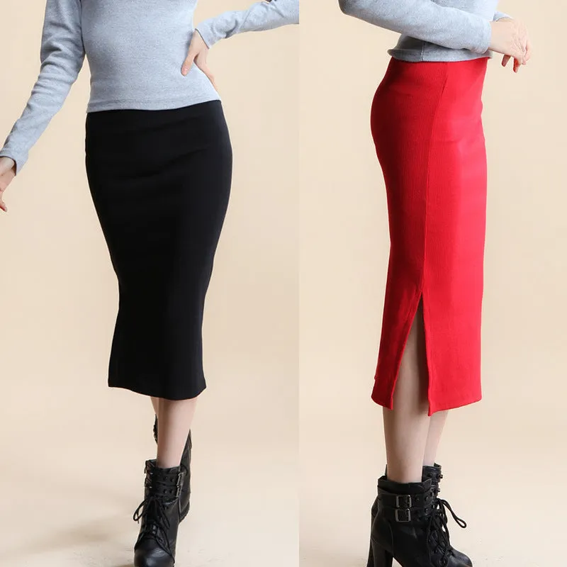 Hip Flattering Korean Slim Look Knitted Women Splitted Mid-Length Skirt