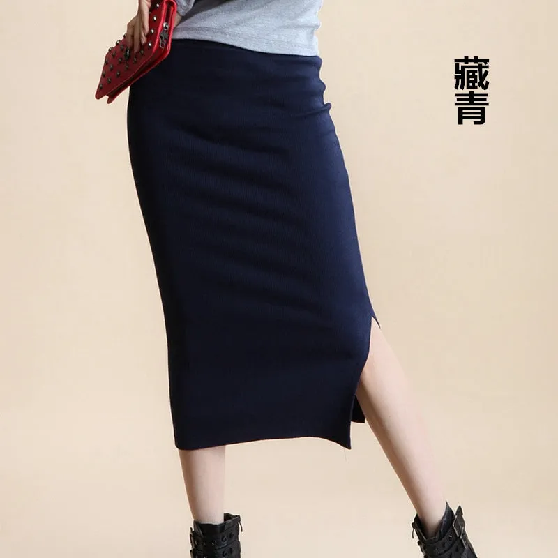 Hip Flattering Korean Slim Look Knitted Women Splitted Mid-Length Skirt