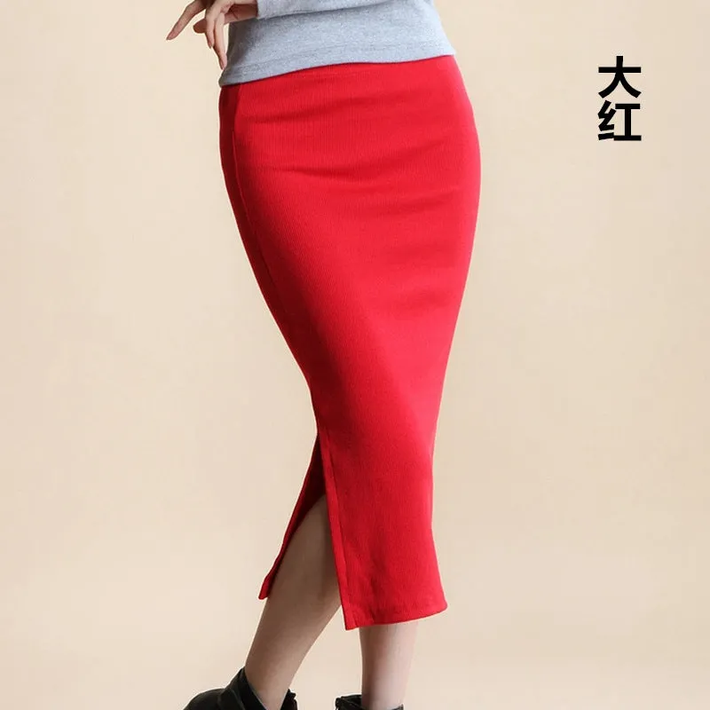 Hip Flattering Korean Slim Look Knitted Women Splitted Mid-Length Skirt