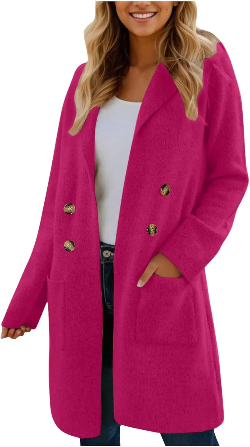 hlysgo Women's Double Breasted Lightweight Pea Coat Long Sleeve Casual Notch Lapel Trench Coat Jacket with Pocket