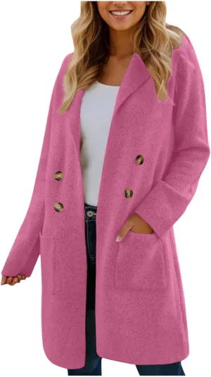 hlysgo Women's Double Breasted Lightweight Pea Coat Long Sleeve Casual Notch Lapel Trench Coat Jacket with Pocket