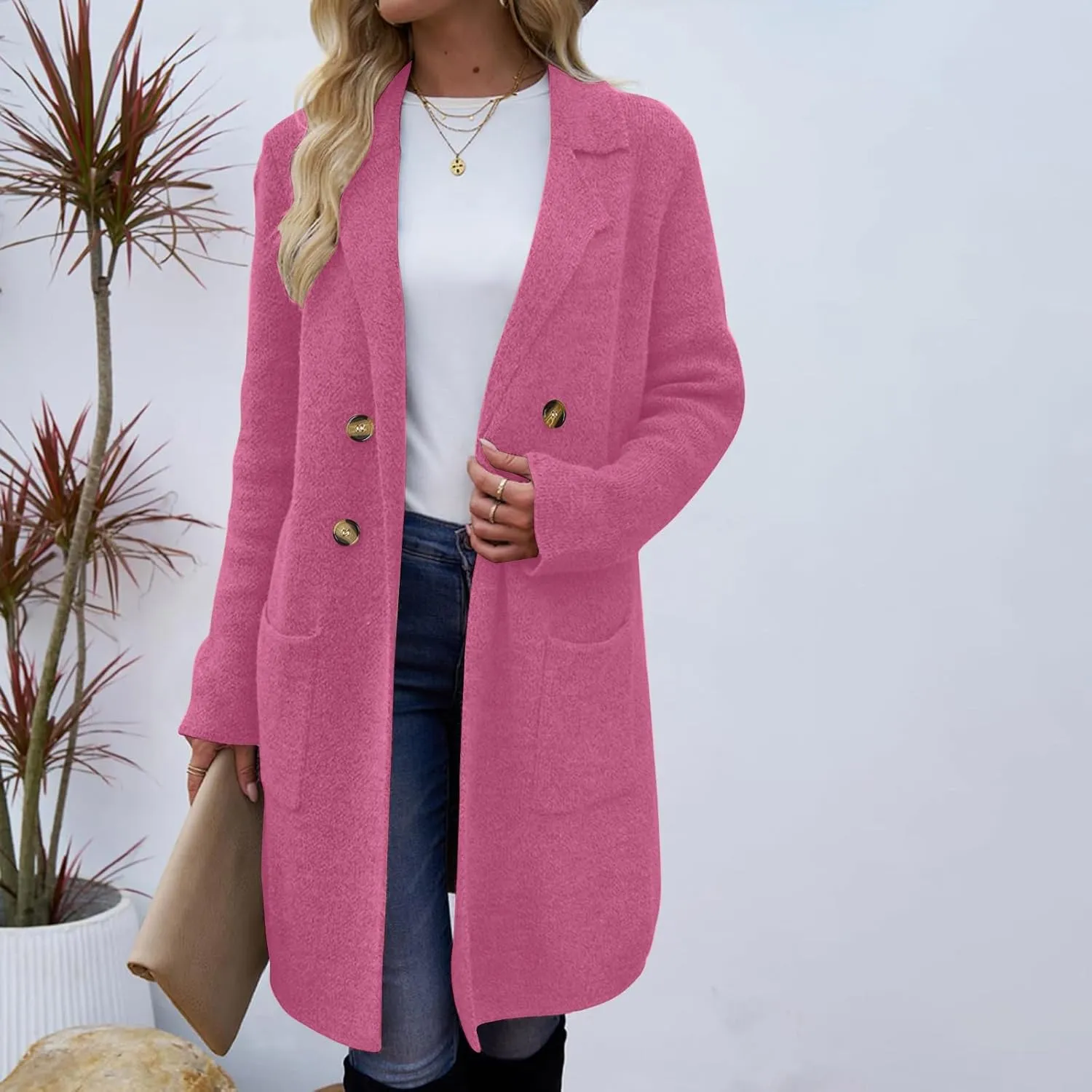 hlysgo Women's Double Breasted Lightweight Pea Coat Long Sleeve Casual Notch Lapel Trench Coat Jacket with Pocket