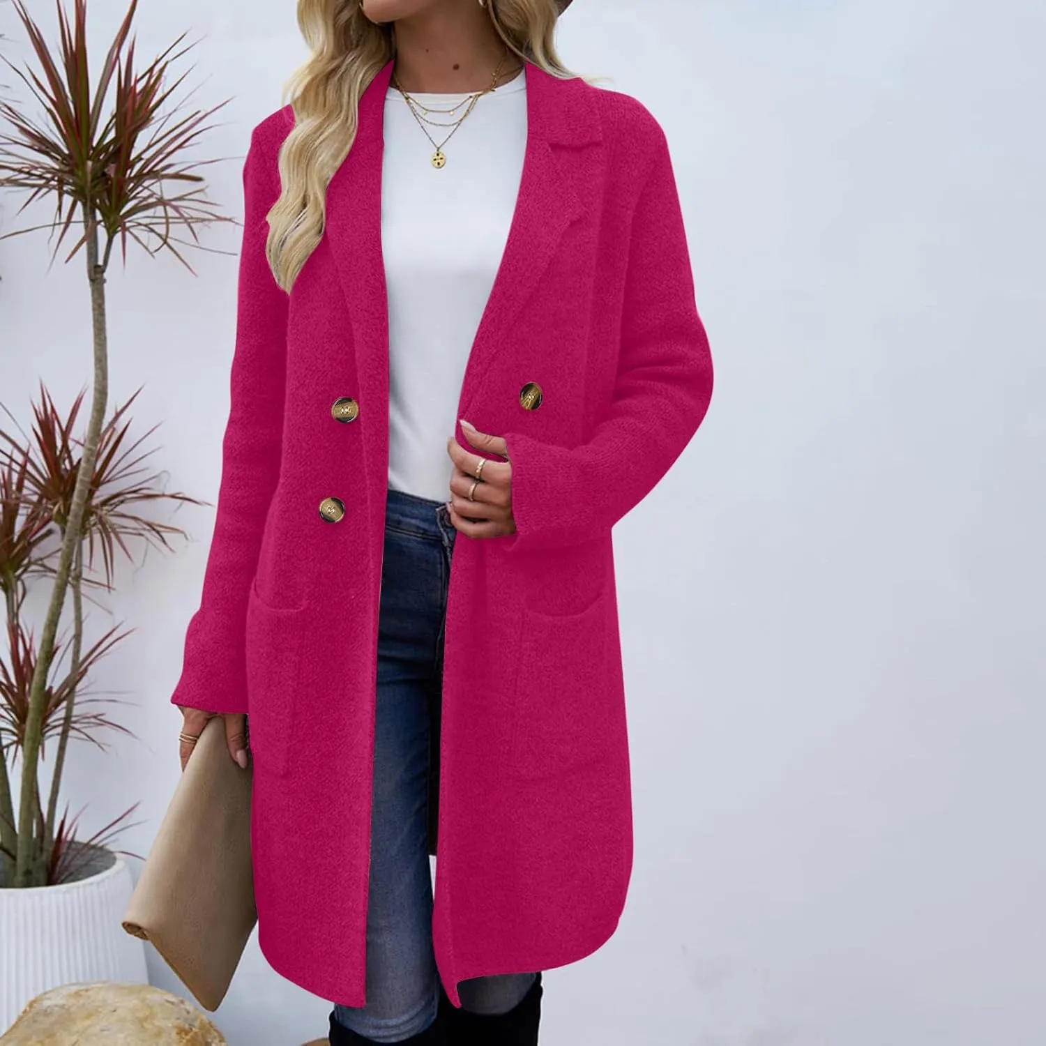 hlysgo Women's Double Breasted Lightweight Pea Coat Long Sleeve Casual Notch Lapel Trench Coat Jacket with Pocket