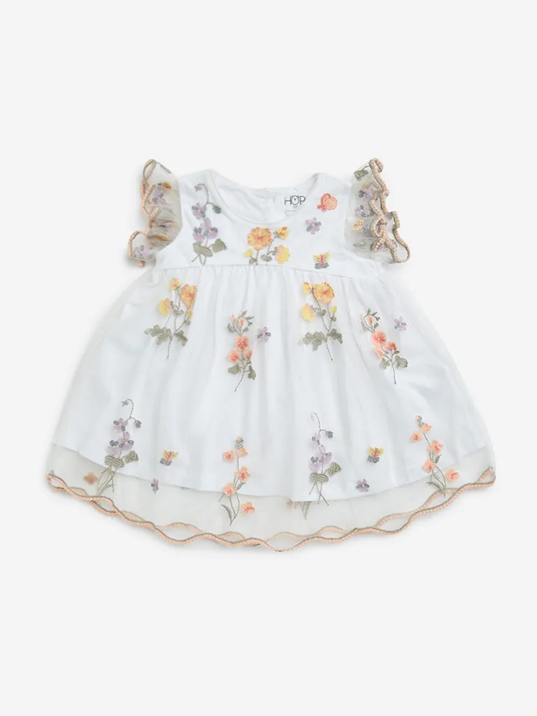 HOP Baby White Floral Embroidered Mesh A-Line Dress