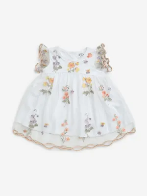 HOP Baby White Floral Embroidered Mesh A-Line Dress