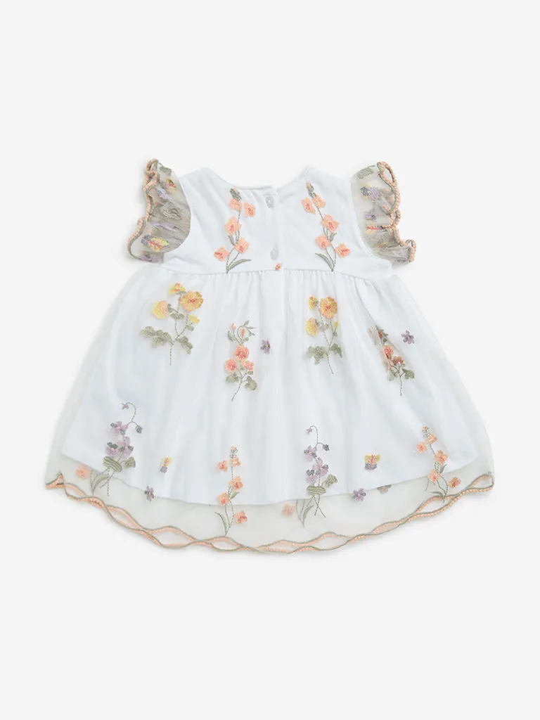 HOP Baby White Floral Embroidered Mesh A-Line Dress