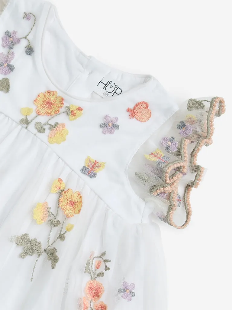 HOP Baby White Floral Embroidered Mesh A-Line Dress