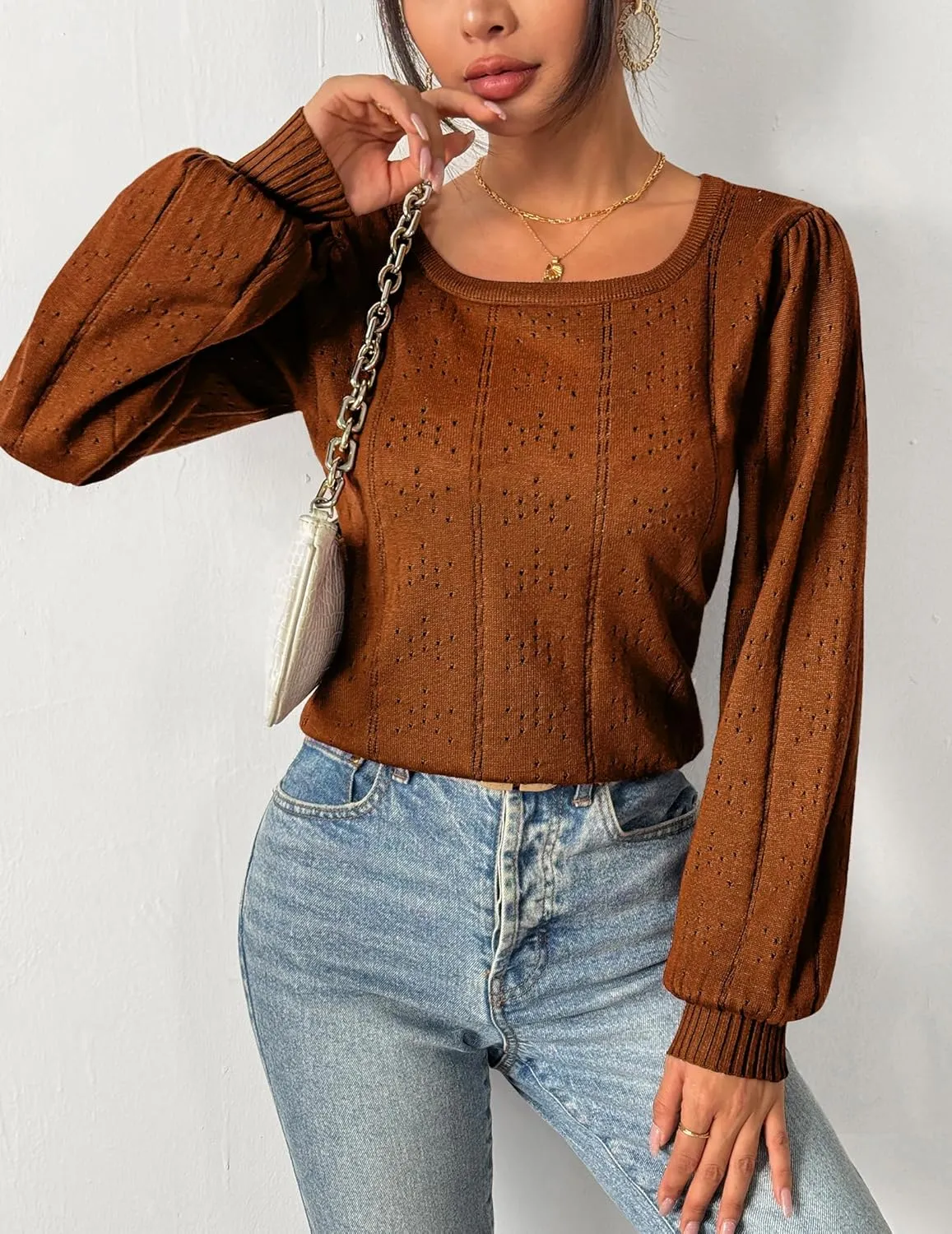 HOTOUCH Womens Puff Sleeve Tops Spring Summer 2025 Trendy Casual Knit Sweaters Square Neck Cute Tunic Pullover Blouses Shirts