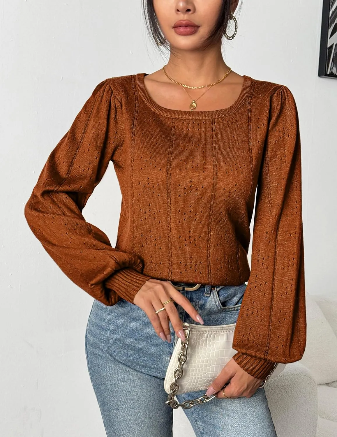 HOTOUCH Womens Puff Sleeve Tops Spring Summer 2025 Trendy Casual Knit Sweaters Square Neck Cute Tunic Pullover Blouses Shirts
