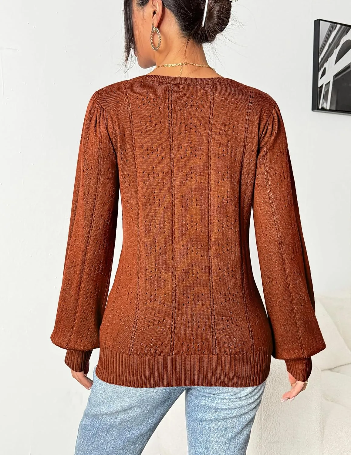 HOTOUCH Womens Puff Sleeve Tops Spring Summer 2025 Trendy Casual Knit Sweaters Square Neck Cute Tunic Pullover Blouses Shirts