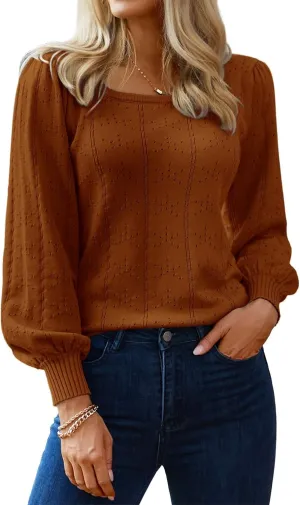 HOTOUCH Womens Puff Sleeve Tops Spring Summer 2025 Trendy Casual Knit Sweaters Square Neck Cute Tunic Pullover Blouses Shirts