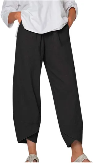 HOTYD Cotton Linen Pants Casual Summer Capri Pants for Women Baggy Elastic Waisted Yoga Trousers Wide Leg Cropped Pants