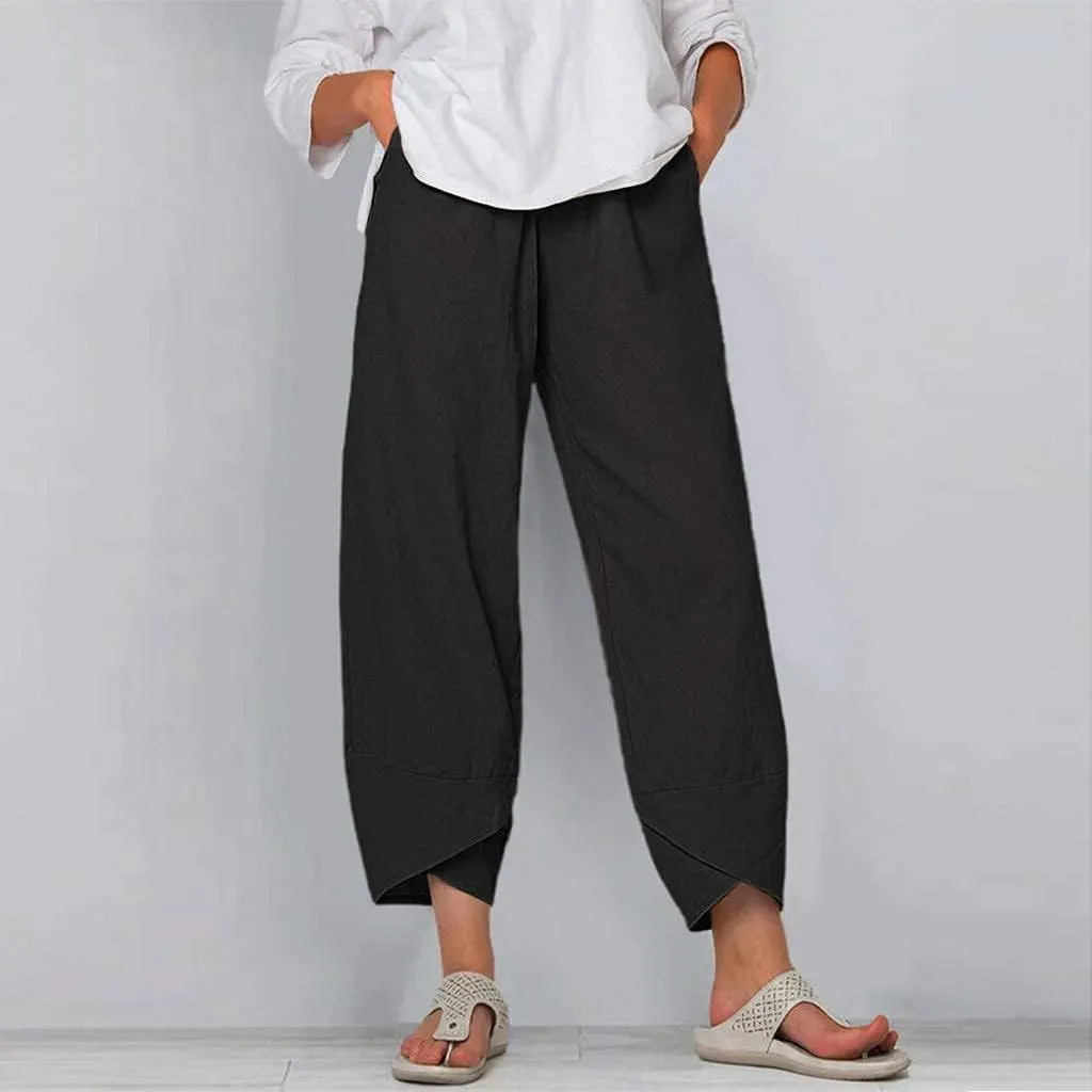 HOTYD Cotton Linen Pants Casual Summer Capri Pants for Women Baggy Elastic Waisted Yoga Trousers Wide Leg Cropped Pants